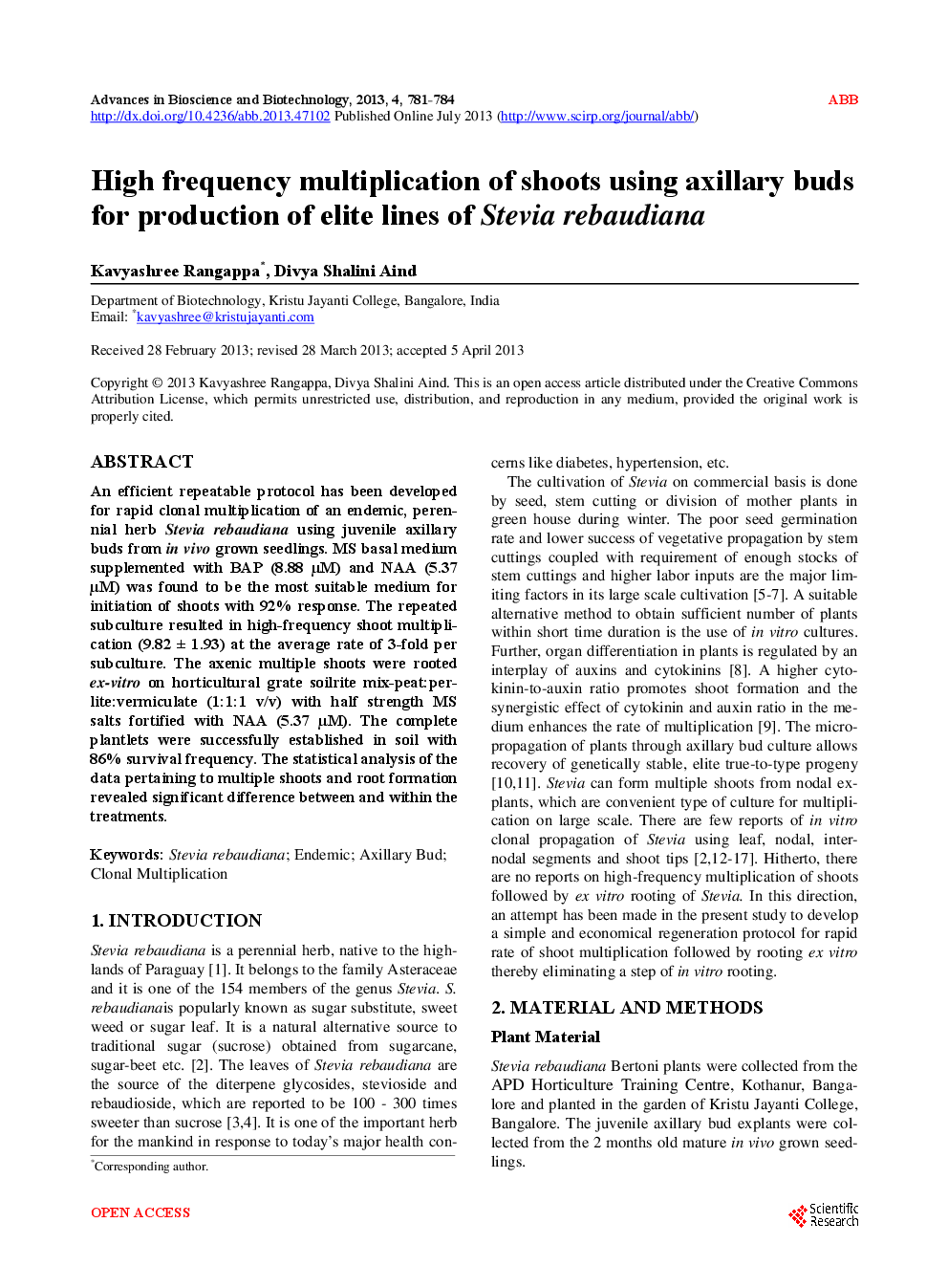High Frequency Multiplication Of Shoots Using Axillary Buds For Production Of Elite Lines Of Stevia Rebaudiana - Page 2