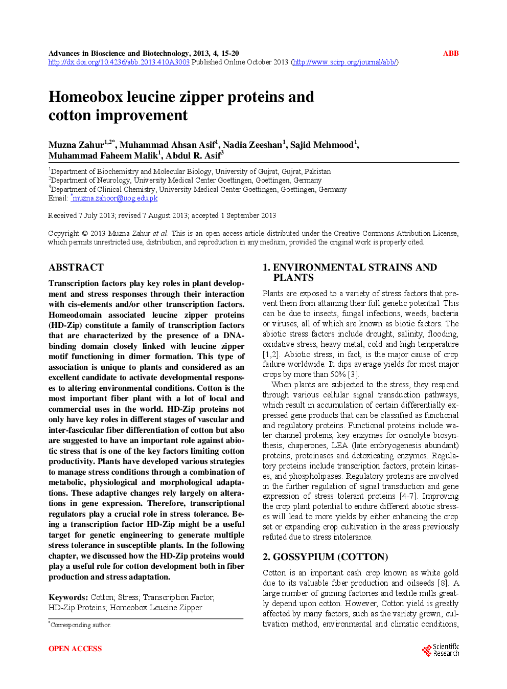 Homeobox leucine Zipper Proteins And Cotton Improvement - Page 2