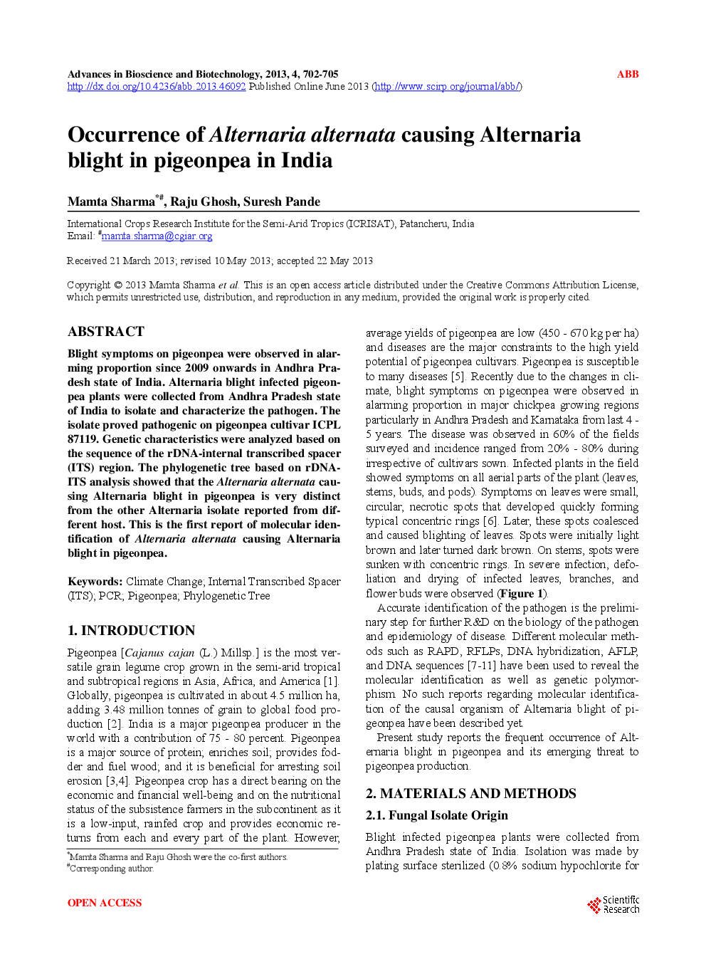 Occurrence Of Alternaria Alternata Causing Alternaria Blight In Pigeonpea In India - Page 2