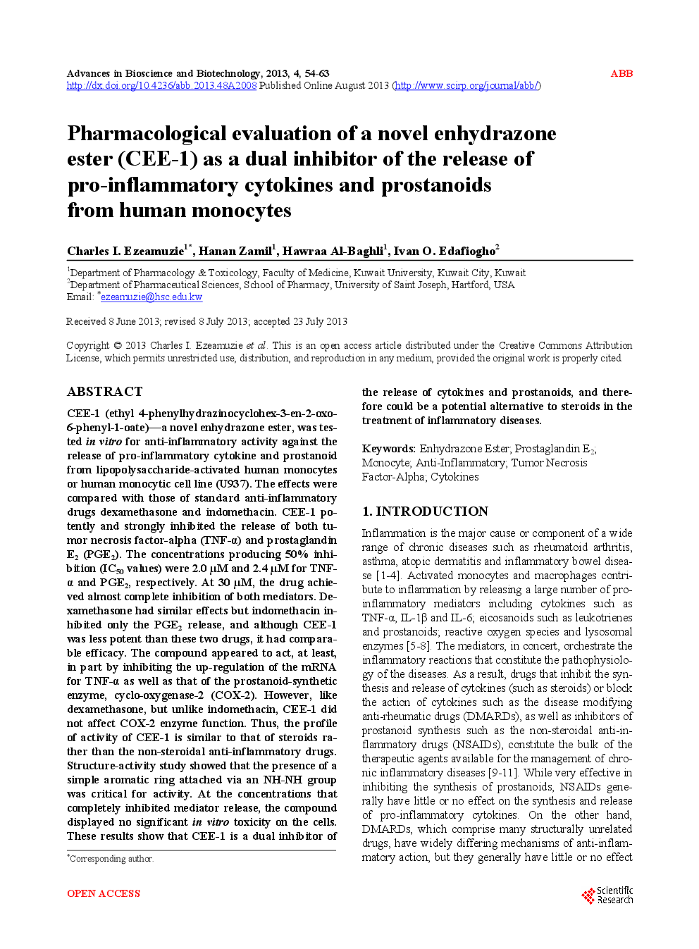 Pharmacological Evaluation Of A Novel Enhydrazone Ester (CEE-1) As A Dual Inhibitor Of The Release Of Pro-Inflammatory Cytokines And Prostanoids From Human Monocytes - Page 2