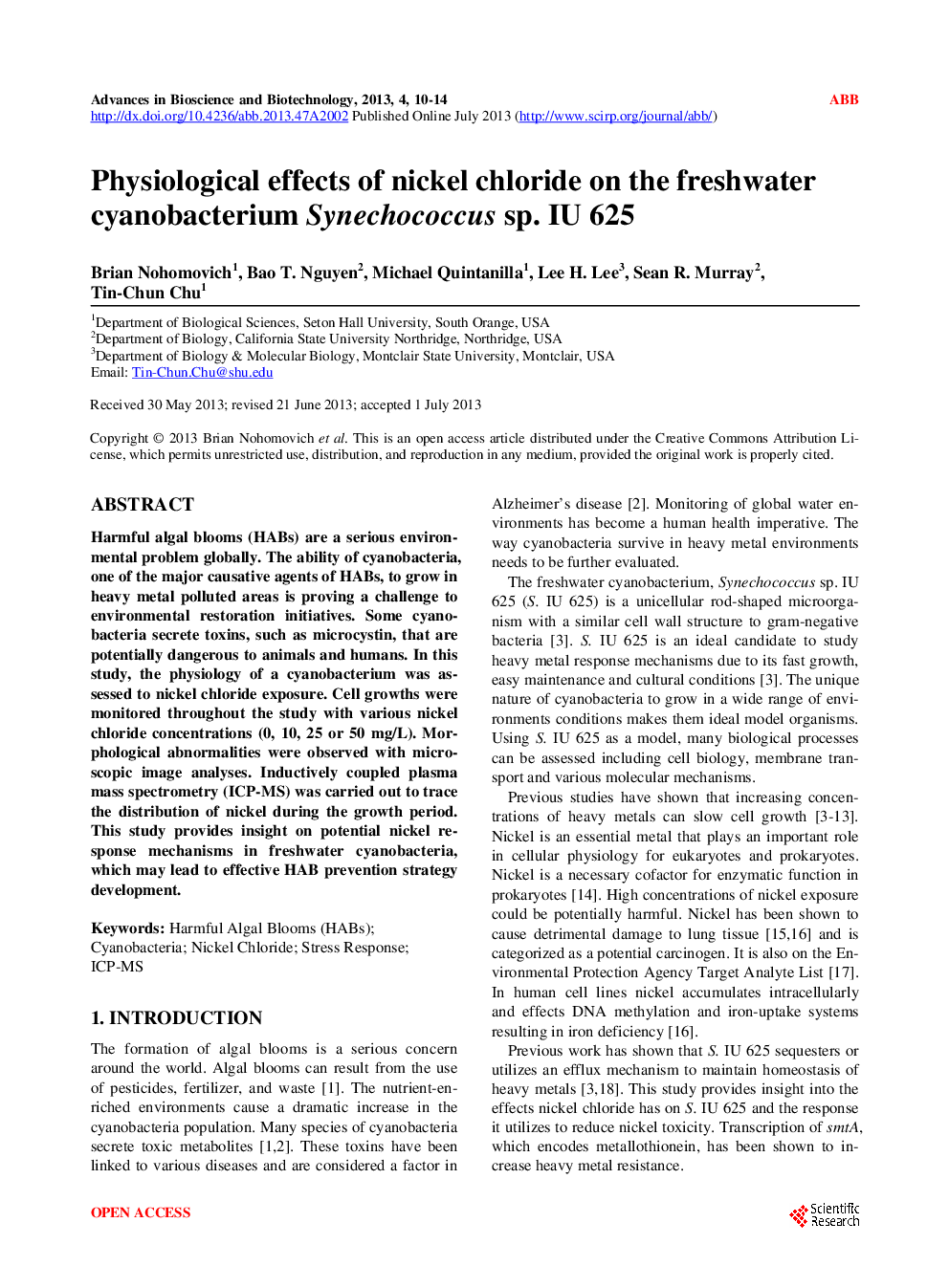 Physiological Effects Of Nickel Chloride On The Freshwater Cyanobacterium Synechococcus Sp. IU 625 - Page 2