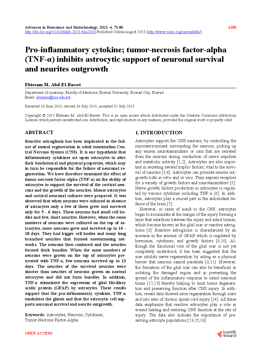 Pro-Inflammatory Cytokine; Tumor-Necrosis Factor-Alpha (TNF-α) Inhibits Astrocytic Support Of Neuronal Survival And Neurites Outgrowth - Page 2