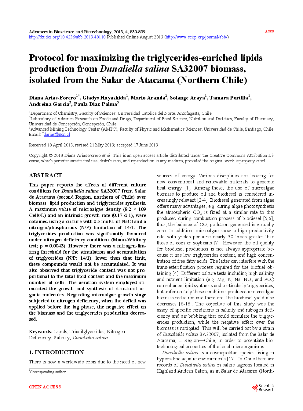 Protocol For Maximizing The Triglycerides-Enriched Lipids Production From Dunaliella Salina SA32007 Biomass, Isolated From The Salar De Atacama (Northern Chile) - Page 2