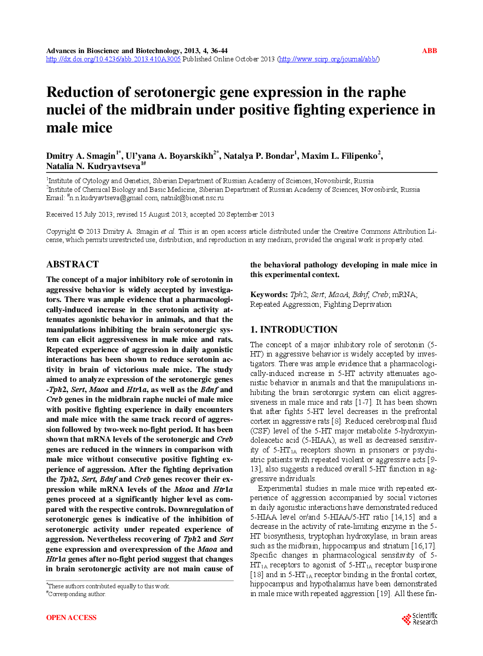 Reduction Of Serotonergic Gene Expression In The Raphe Nuclei Of The Midbrain Under Positive Fighting Experience In Male Mice - Page 2