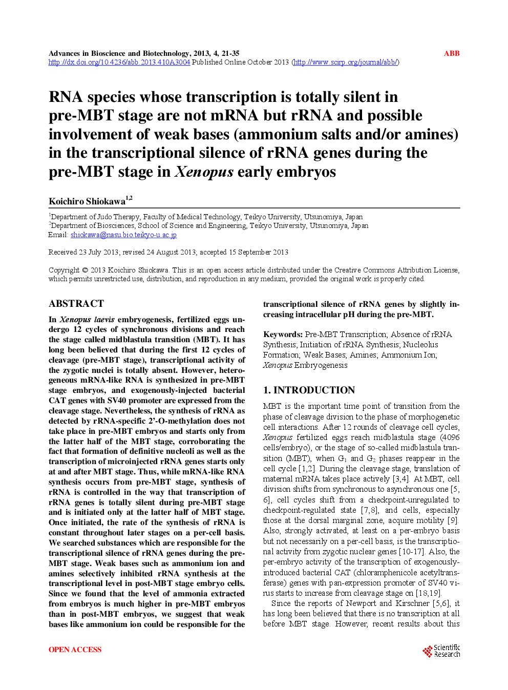 RNA Species Whose Transcription Is Totally Silent In Pre-MBT Stage Are Not mRNA But rRNA And Possible Involvement Of Weak Bases (Ammonium Salts And/Or Amines) In The Transcriptional Silence Of rRNA Genes During The Pre-MBT Stage in Xenopus Early Embryos - Page 2