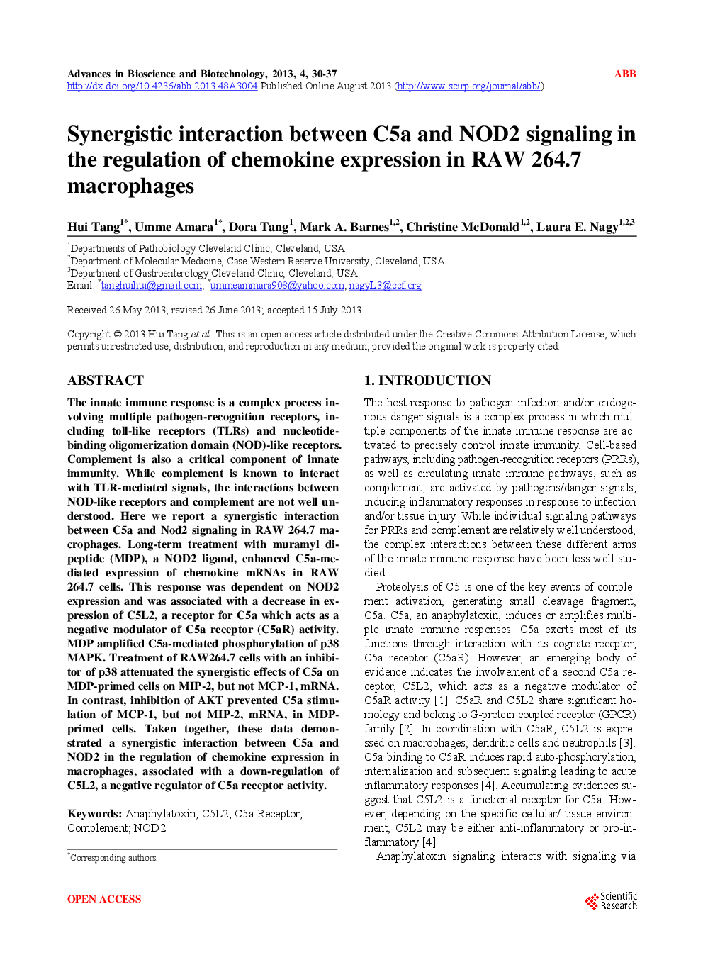 Synergistic Interaction Between C5a And NOD2 Signaling In The Regulation Of Chemokine Expression in RAW 264.7 Macrophages - Page 2