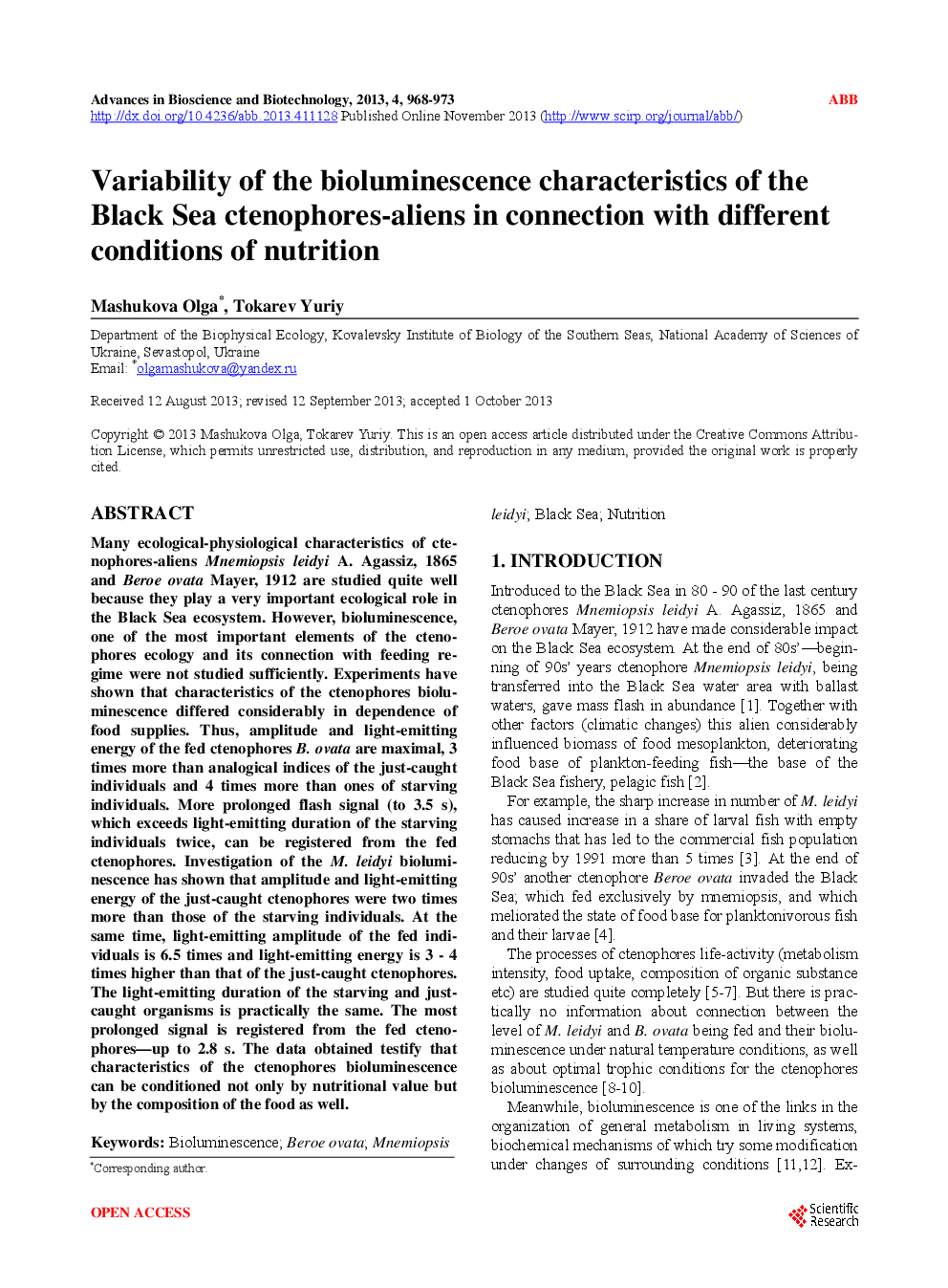 Variability Of The Bioluminescence Characteristics Of The Black Sea Ctenophores-Aliens In Connection With Different Conditions Of Nutrition - Page 2