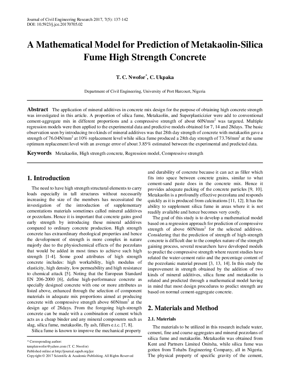 A Mathematical Model For Prediction Of Metakaolin-Silica Fume High Strength Concrete - Page 2
