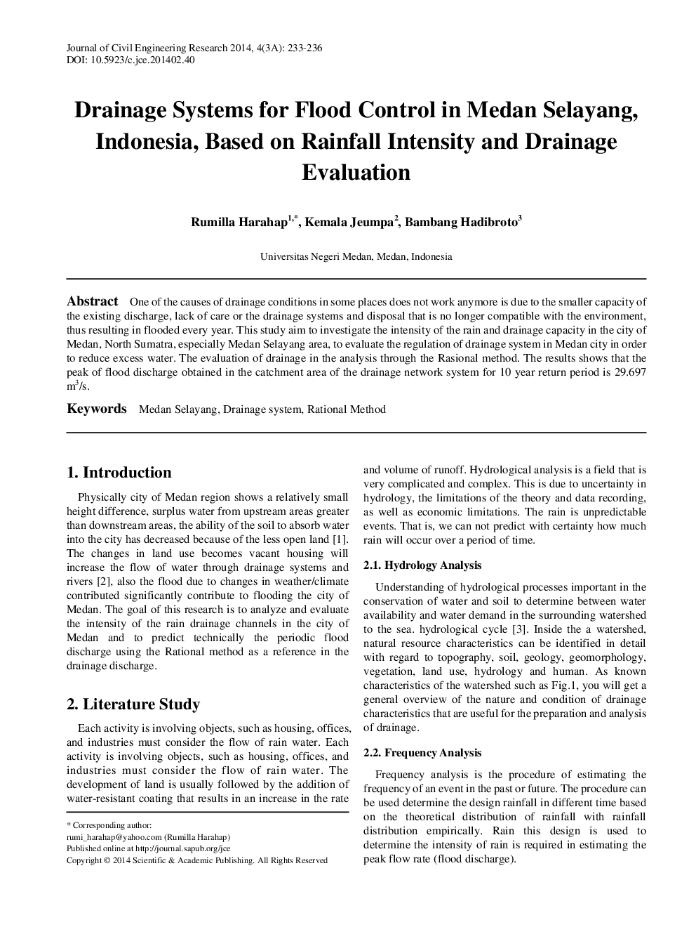 Drainage Systems For Flood Control In Medan Selayang, Indonesia, Based On Rainfall Intensity And Drainage Evaluation - Page 2
