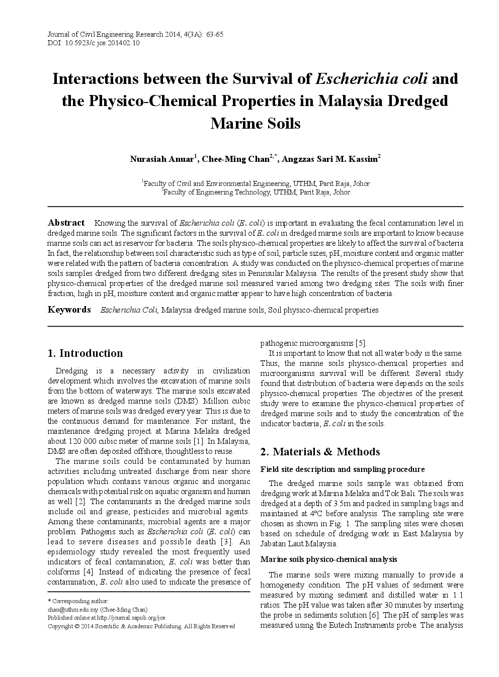 Interactions Between The Survival Of Escherichia Coli And The Physico-Chemical Properties In Malaysia Dredged Marine Soils - Page 2