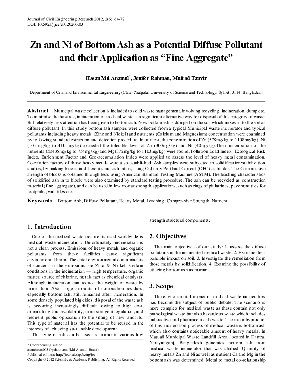 Zn And Ni Of Bottom Ash As A Potential Diffuse Pollutant And Their Application As “Fine Aggregate” - Page 2
