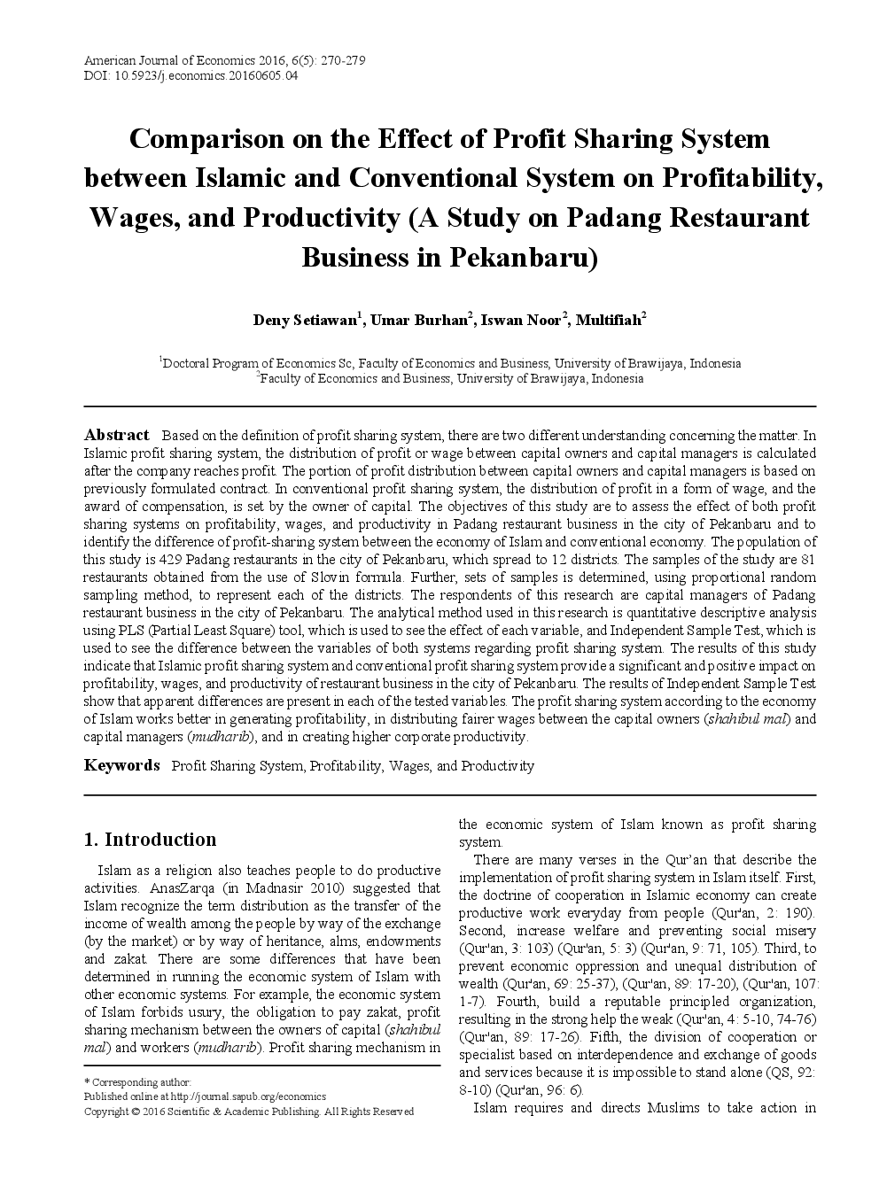 Comparison On The Effect Of Profit Sharing System Between Islamic And Conventional System On Profitability, Wages, And Productivity (A Study On Padang Restaurant Usiness In Pekanbaru) - Page 2