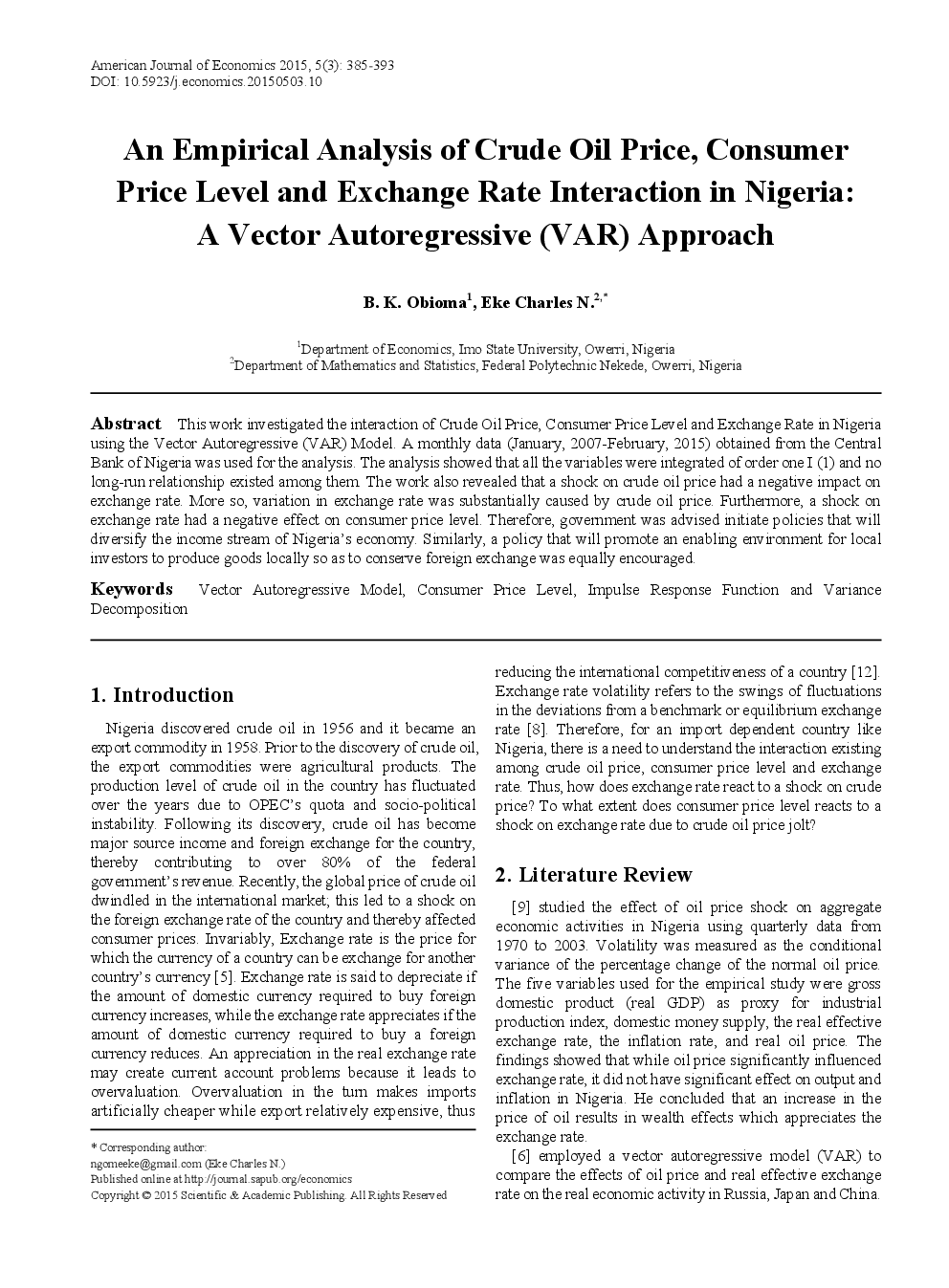 An Empirical Analysis Of Crude Oil Price, Consumer Price Level And Exchange Rate Interaction In Nigeria A Vector Autoregressive (VAR) Approach - Page 2