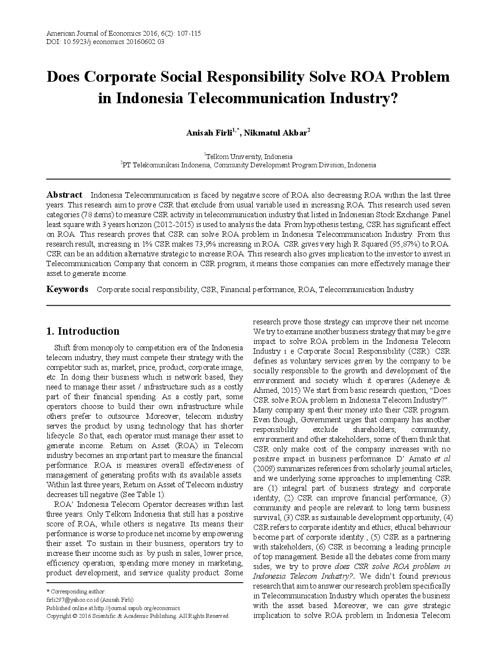 Does Corporate Social Responsibility Solve ROA Problem In Indonesia Telecommunication Industry - Page 2