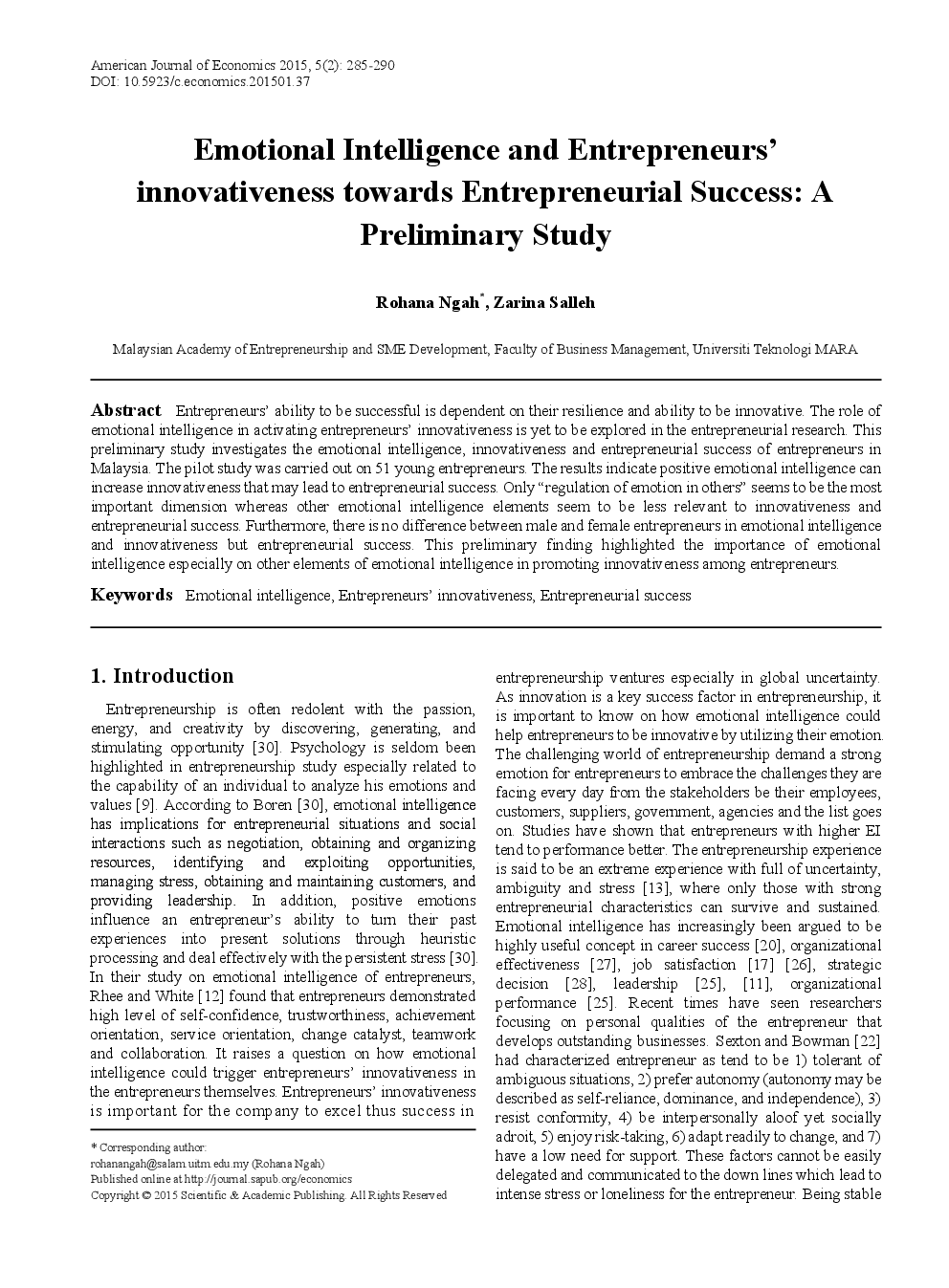 Emotional Intelligence And Entrepreneurs' Innovativeness Towards Entrepreneurial Success A Preliminary Study - Page 2