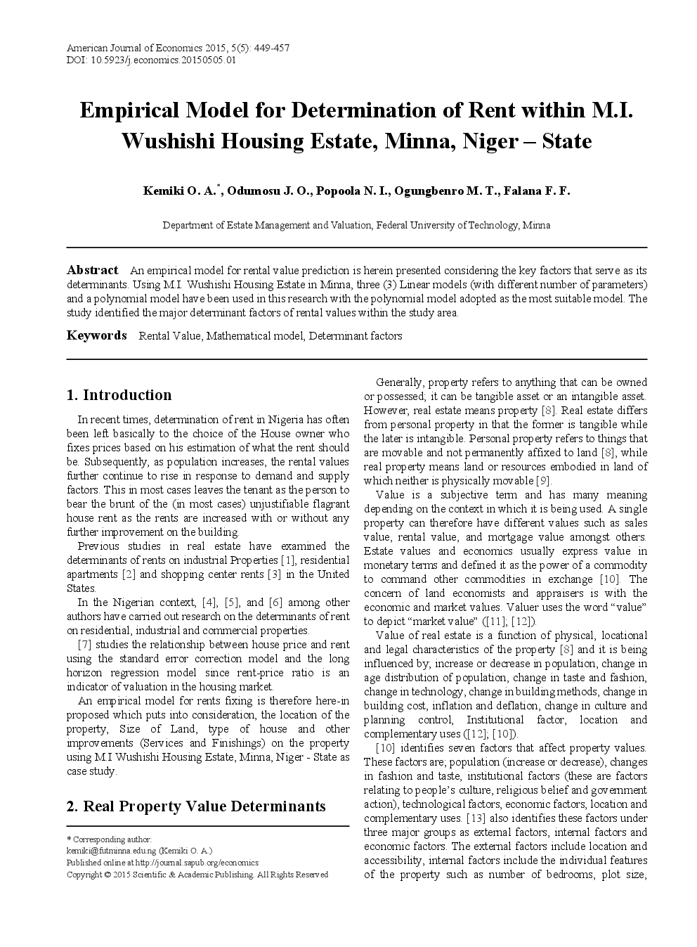 Empirical Model For Determination Of Rent Within M.I. Wushishi Housing Estate, Minna, Niger - State - Page 2