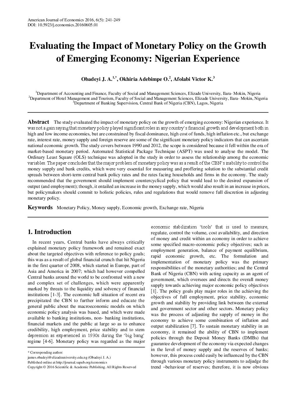 Evaluating The Impact Of Monetary Policy On The Growth Of Emerging Economy Nigerian Experience - Page 2