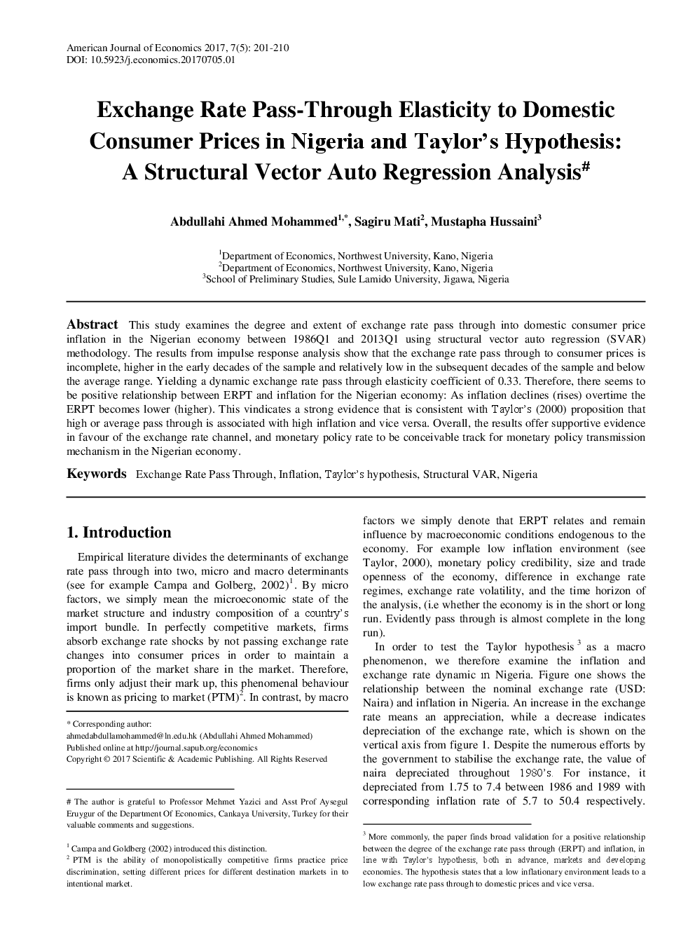 Exchange Rate Pass-Through Elasticity To Domestic Consumer Prices In Nigeria And Taylor's Hypothesis A Structural Vector Auto Regression Analysis - Page 2
