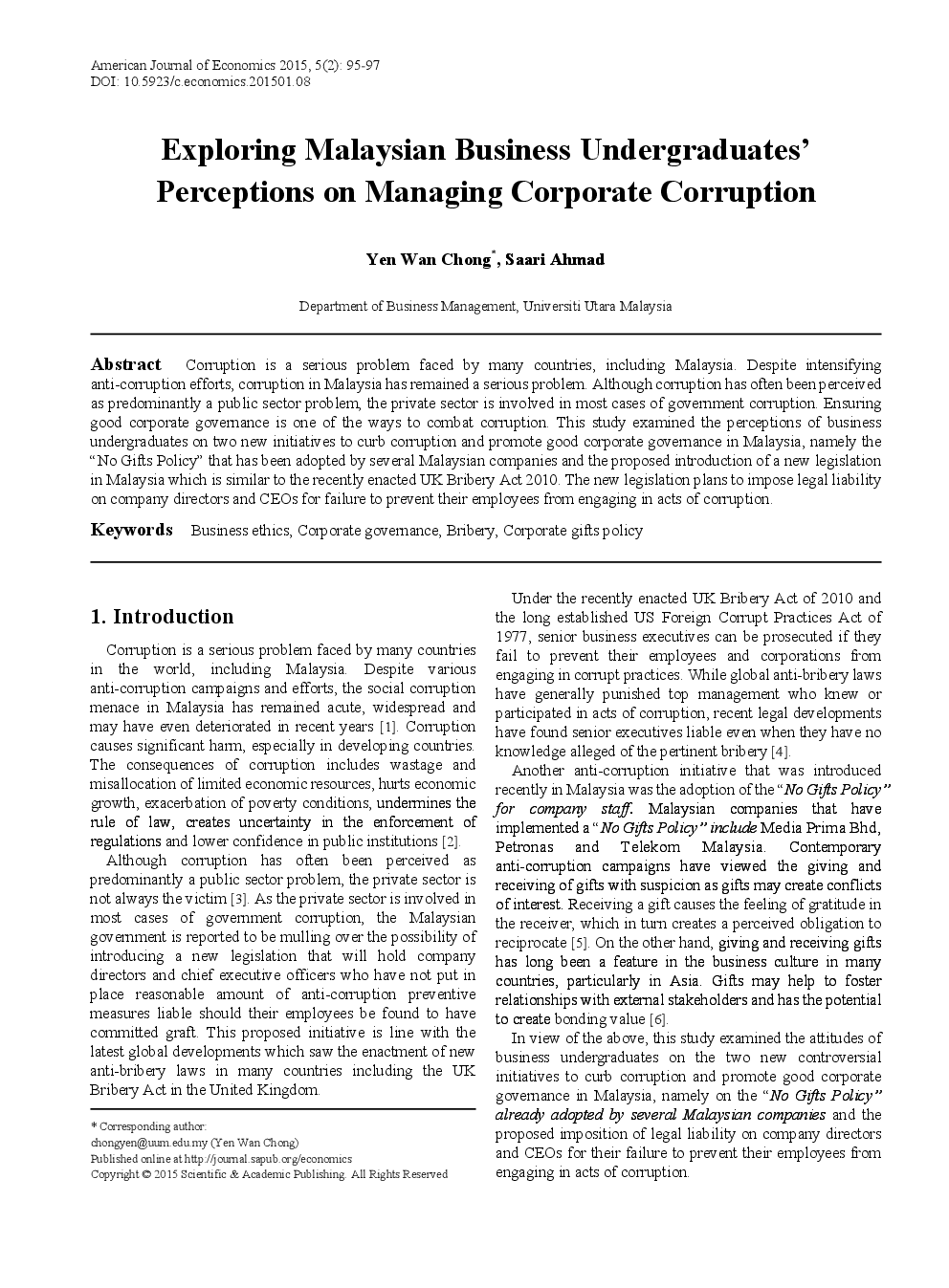 Exploring Malaysian Business Undergraduates' Perceptions On Managing Corporate Corruption - Page 2