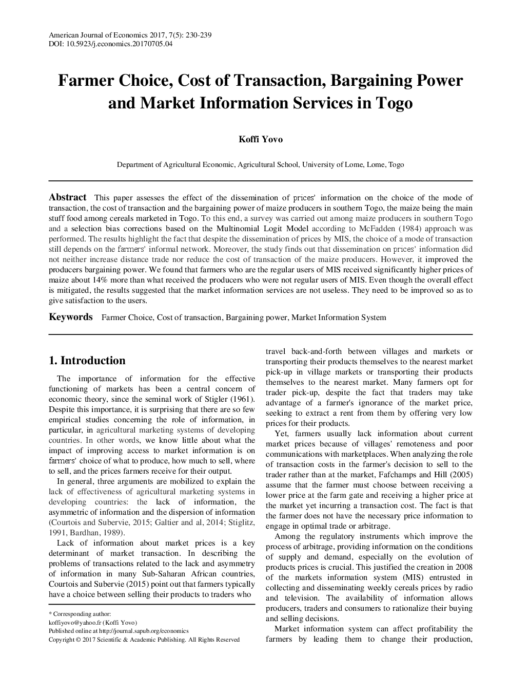 Farmer Choice, Cost Of Transaction, Bargaining Power And Market Information Services In Togo - Page 2