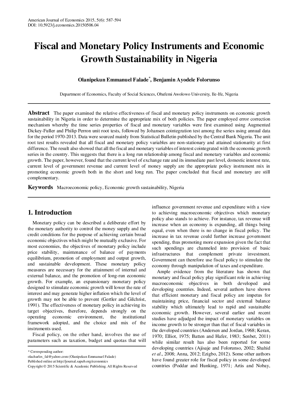 Fiscal And Monetary Policy Instruments And Economic Growth Sustainability In Nigeria - Page 2