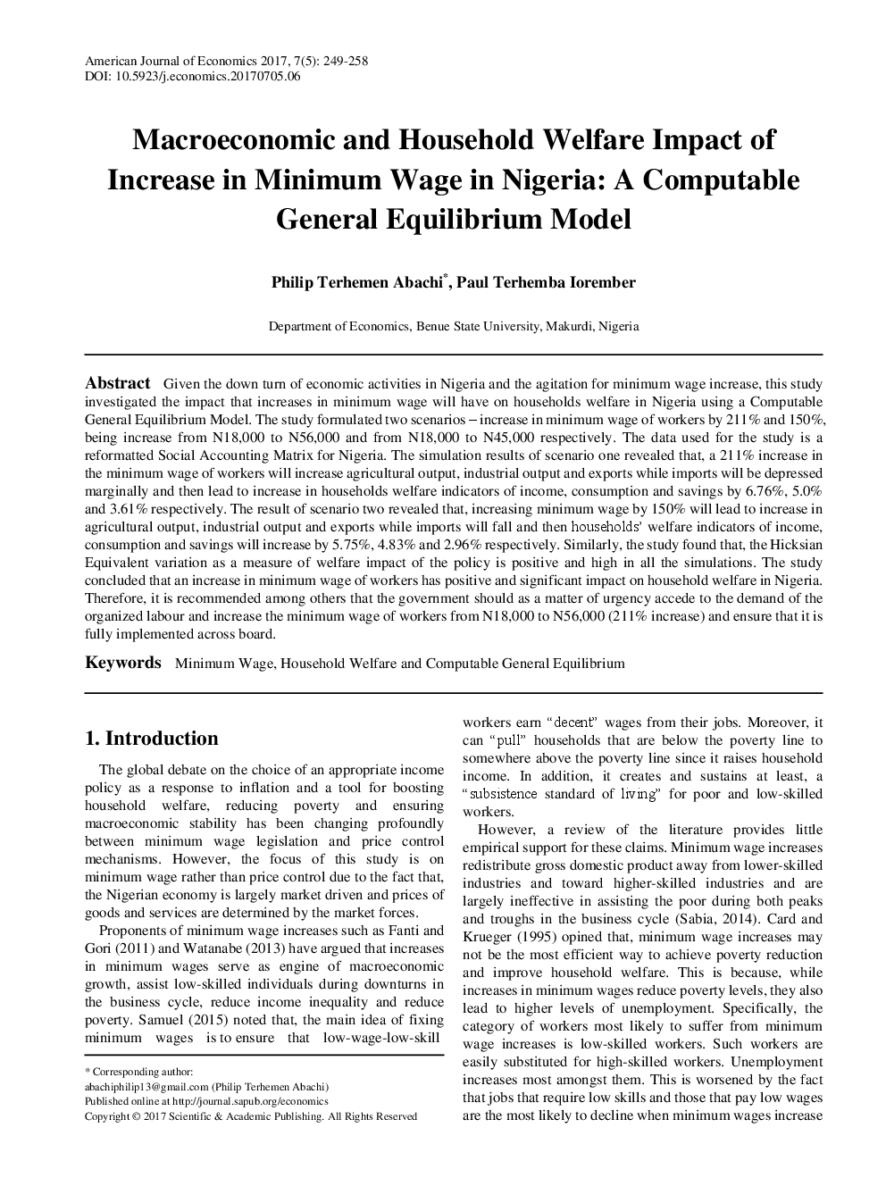 Macroeconomic And Household Welfare Impact Of Increase In Minimum Wage In Nigeria A Computable General Equilibrium Model - Page 2