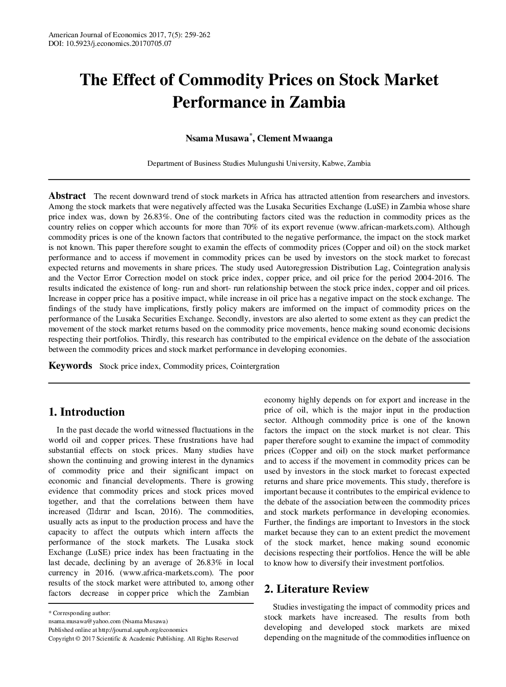 The Effect Of Commodity Prices On Stock Market Performance In Zambia - Page 2