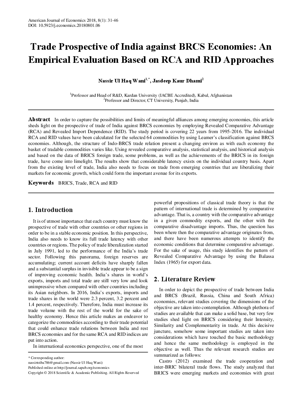 Trade Prospective Of India Against BRCS Economies An Empirical Evaluation Based On RCA And RID Approaches - Page 2