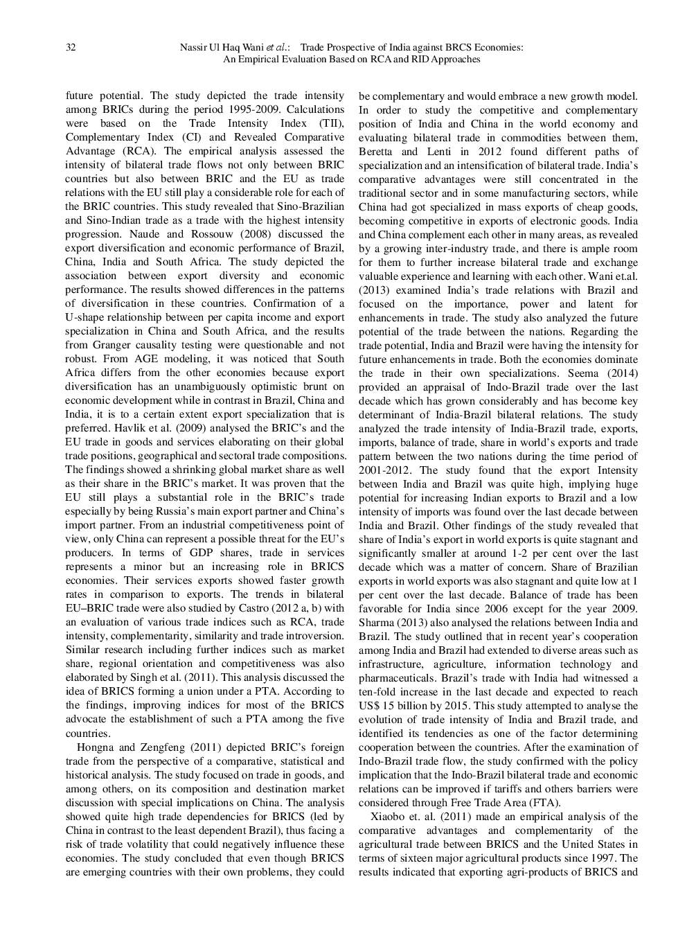 Trade Prospective Of India Against BRCS Economies An Empirical Evaluation Based On RCA And RID Approaches - Page 3