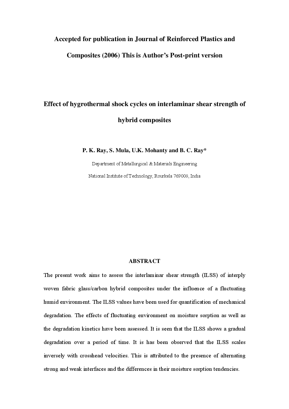 Effect Of Hygrothermal Shock Cycles On Interlaminar Shear Strength Of Hybrid Composites - Page 2