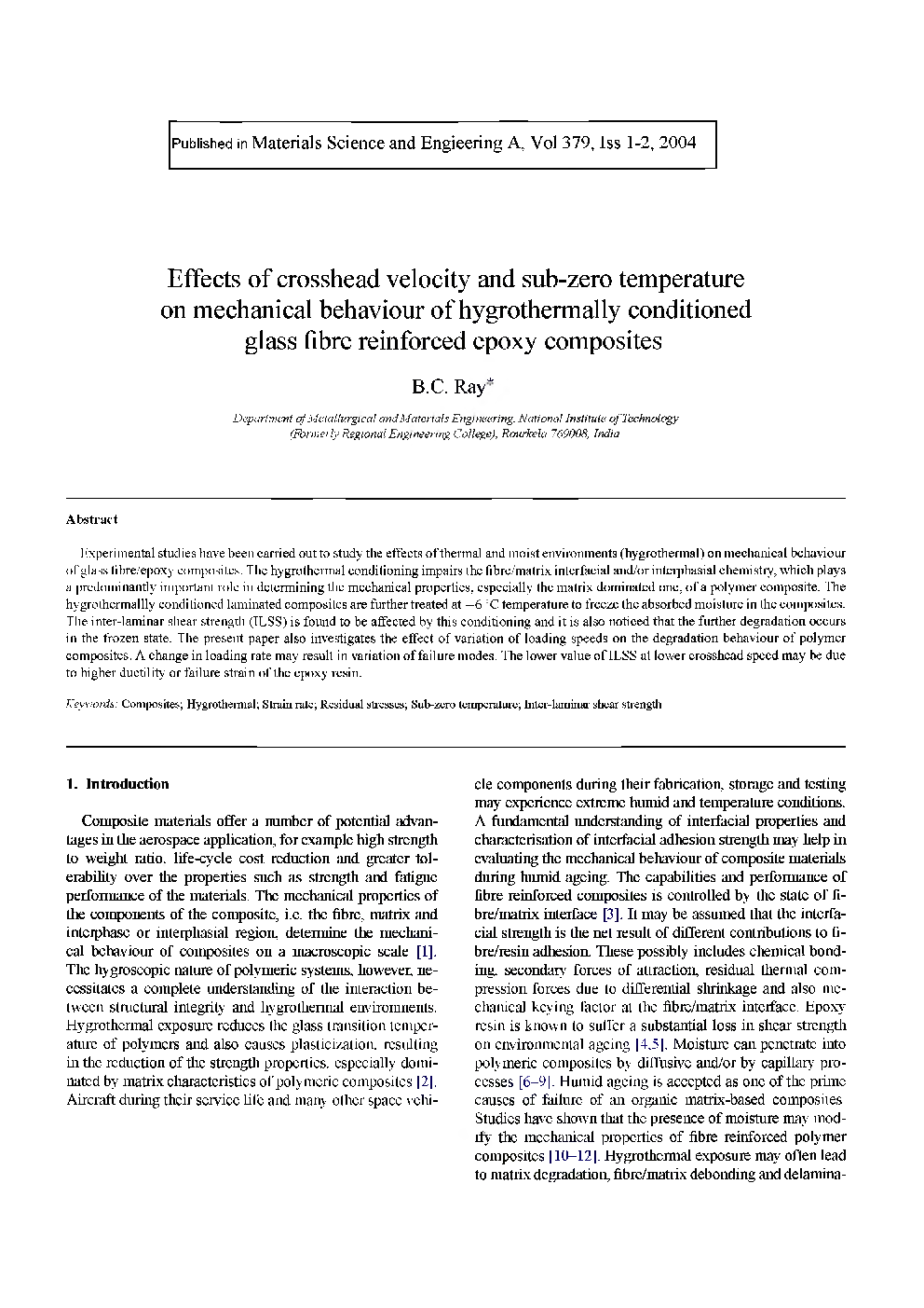 Effects Of Crosshead Velocity And Sub-Zero Temperature On Mechanical Behaviour Of Hygrothermally Conditioned Glass Fibre Reinforced epoxy composites - Page 2