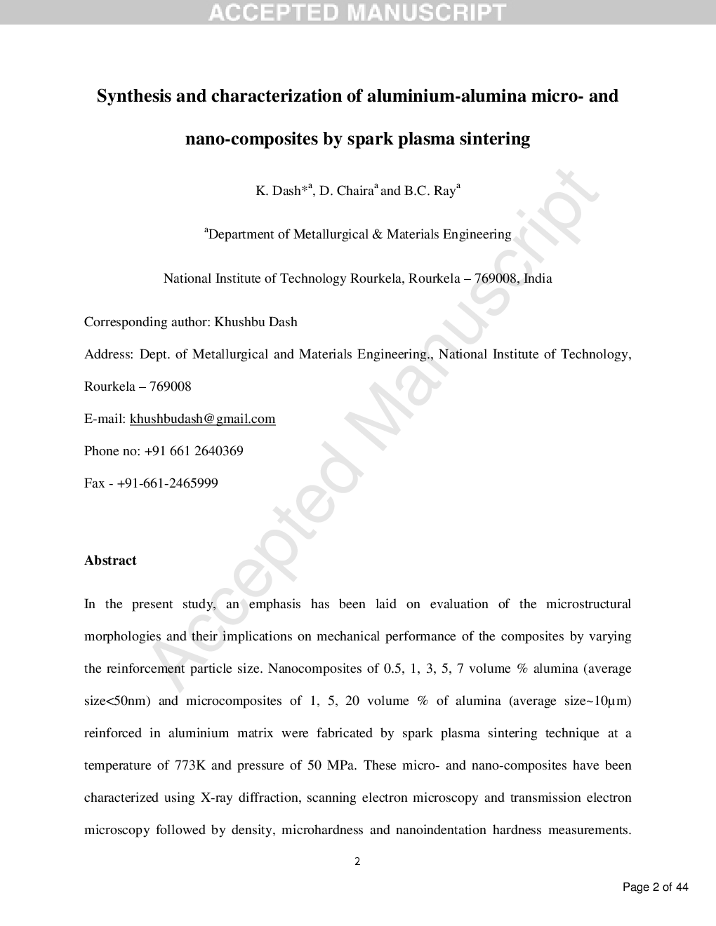 Synthesis And Characterization Of Aluminium-Alumina Micro- And Nano-Composites By Spark Plasma Sintering - Page 2