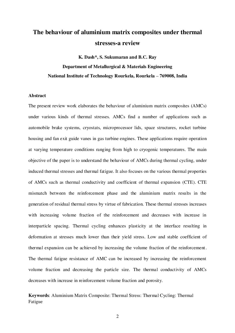 The Behaviour Of Aluminium Matrix Composites Under Thermal Stresses-A Review - Page 2