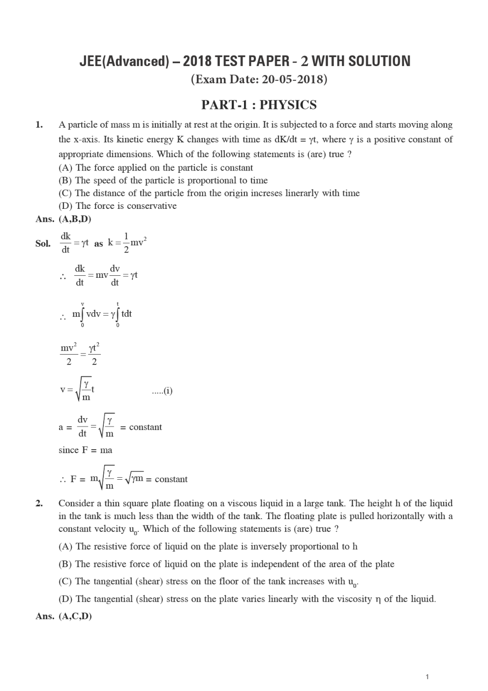 JEE Advanced 2018 Question Paper-2 With Solutions (Physics, Chemistry & Mathematics) - Page 2