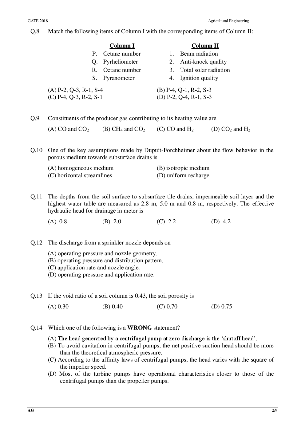 GATE Previous Year Question Paper With Solution Agricultural Engineering 2018 - Page 5