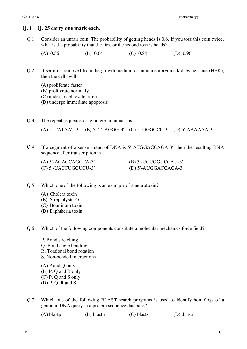 GATE Previous Year Question Paper With Solution Biotechnology 2018 - Page 4