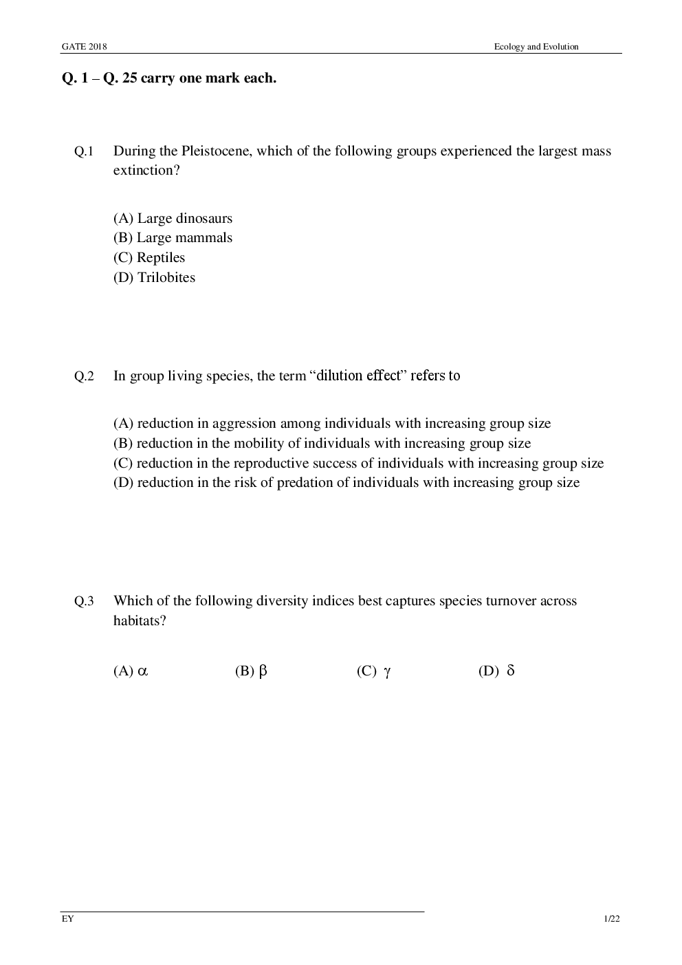 GATE Previous Year Question Paper With Solution Ecology And Evolution 2018 - Page 4