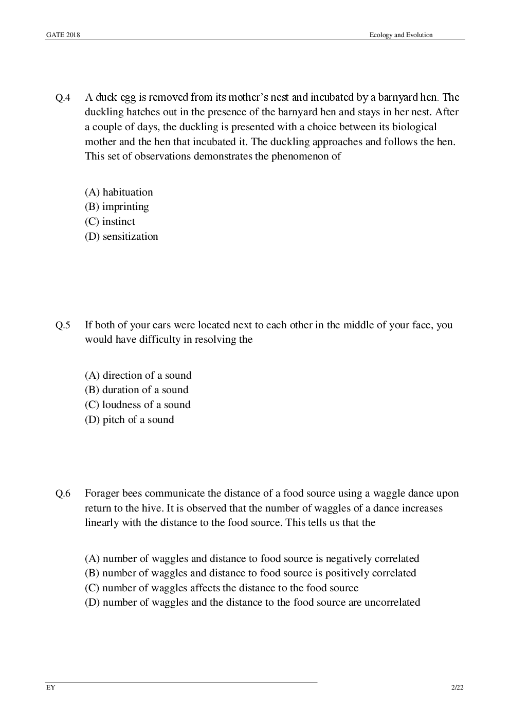 GATE Previous Year Question Paper With Solution Ecology And Evolution 2018 - Page 5