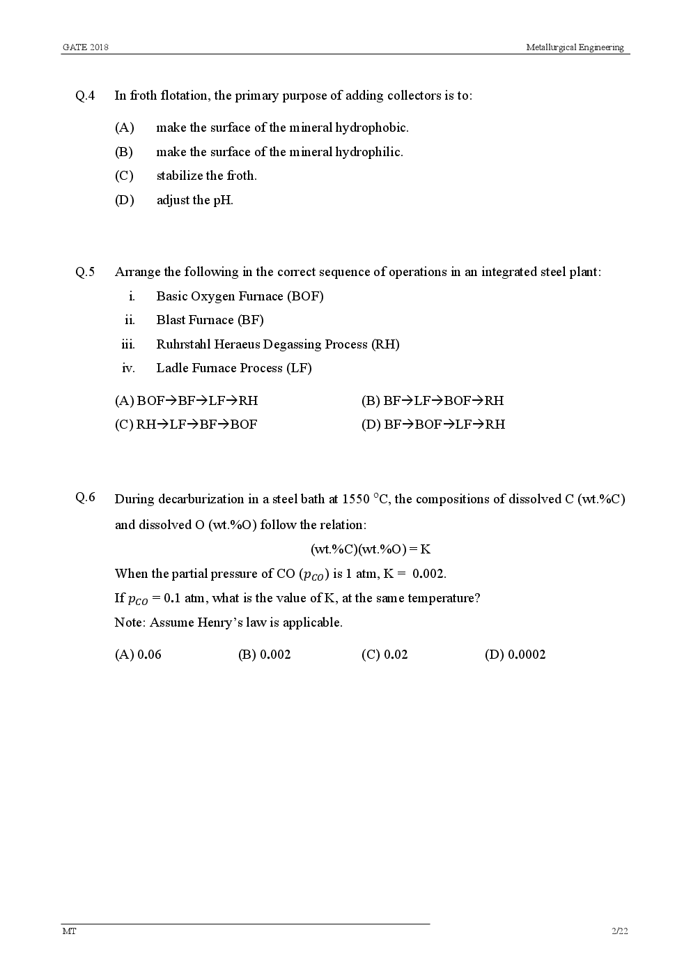 GATE Previous Year Question Paper With Solution Metallurgical Engineering 2018 - Page 5