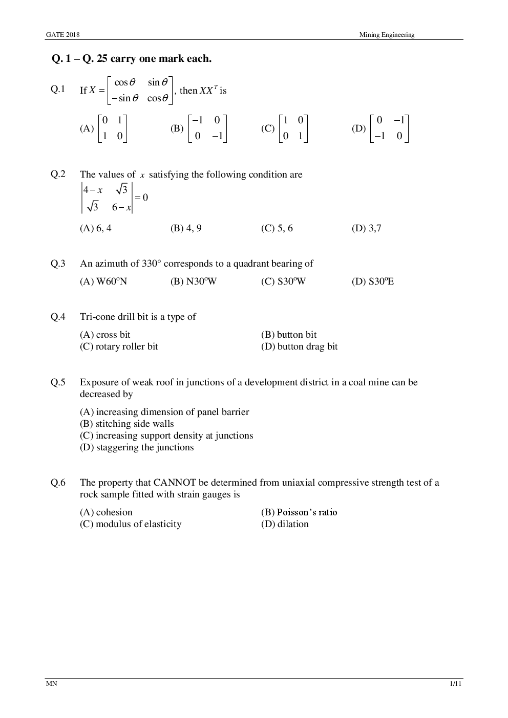 GATE Previous Year Question Paper With Solution Mining Engineering 2018 - Page 5