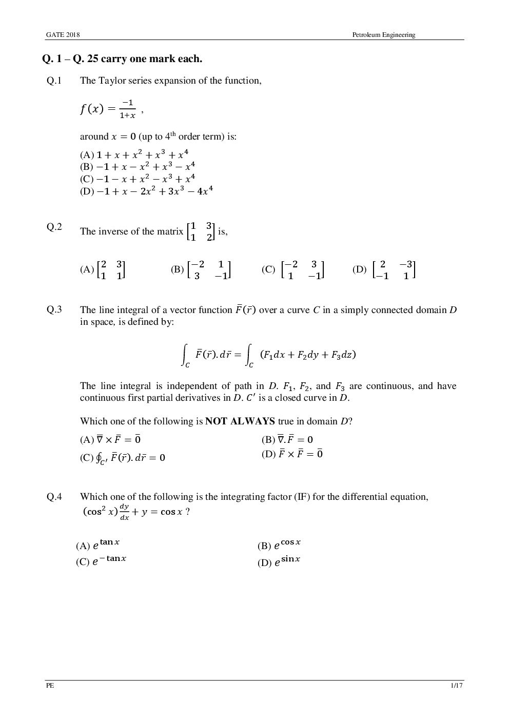 GATE Previous Year Question Paper With Solution Petroleum Engineering 2018 - Page 4