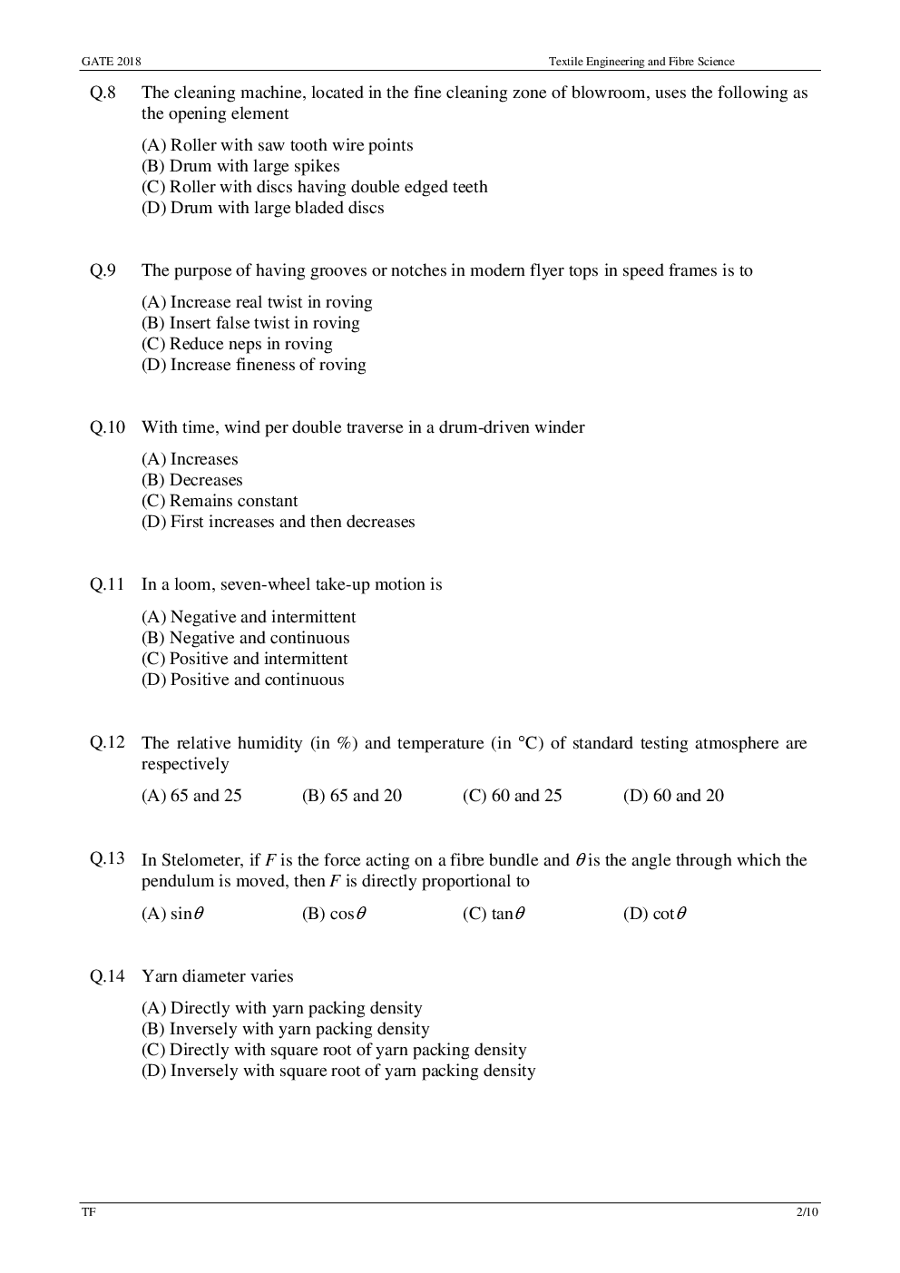 GATE Previous Year Question Paper With Solution Textile Engineering And Fibre Science 2018 - Page 5