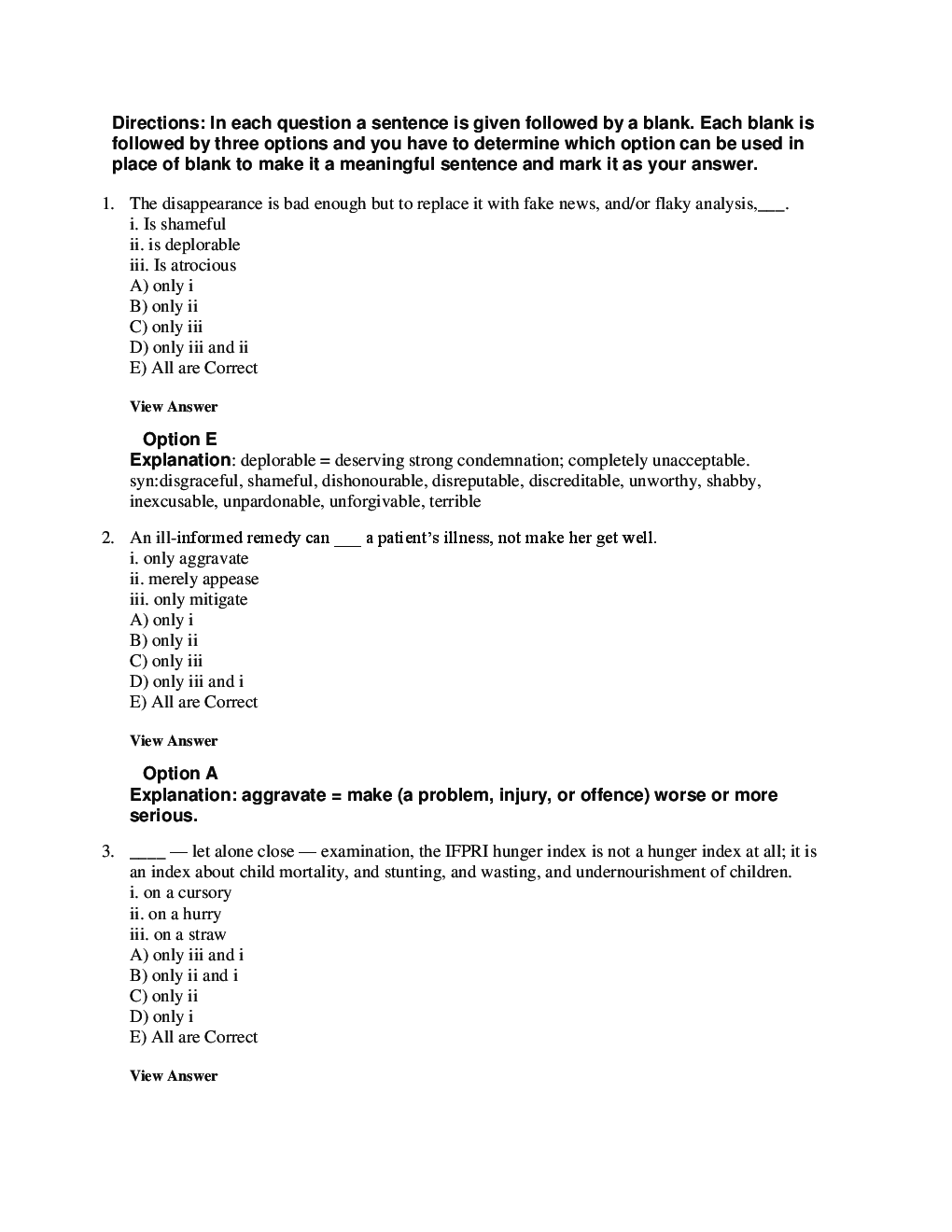 MCQs English (Sentence Fillers) With Solutions - Page 3