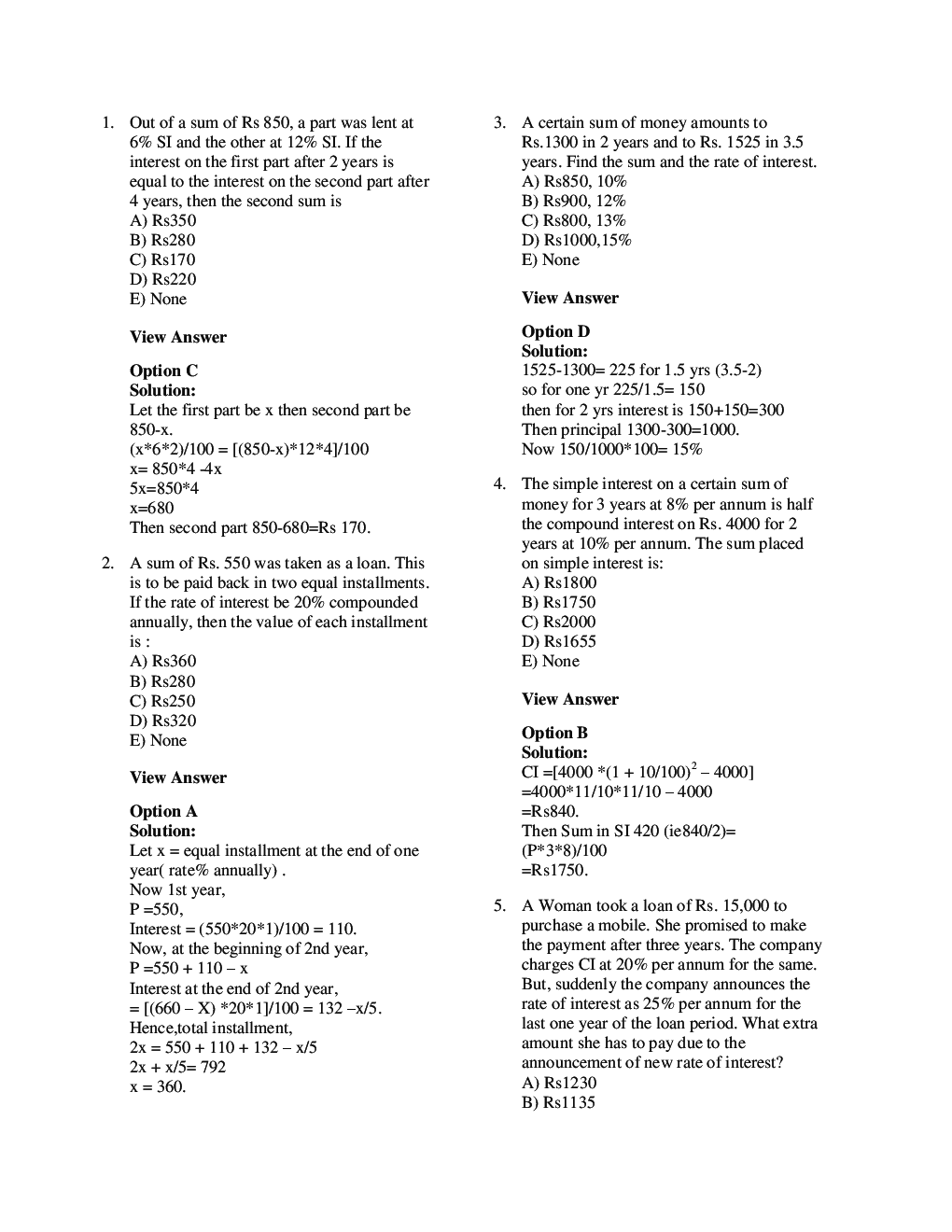 MCQs Quantitative Aptitude (Simple Interest & Compound Interest) With Solutions - Page 3