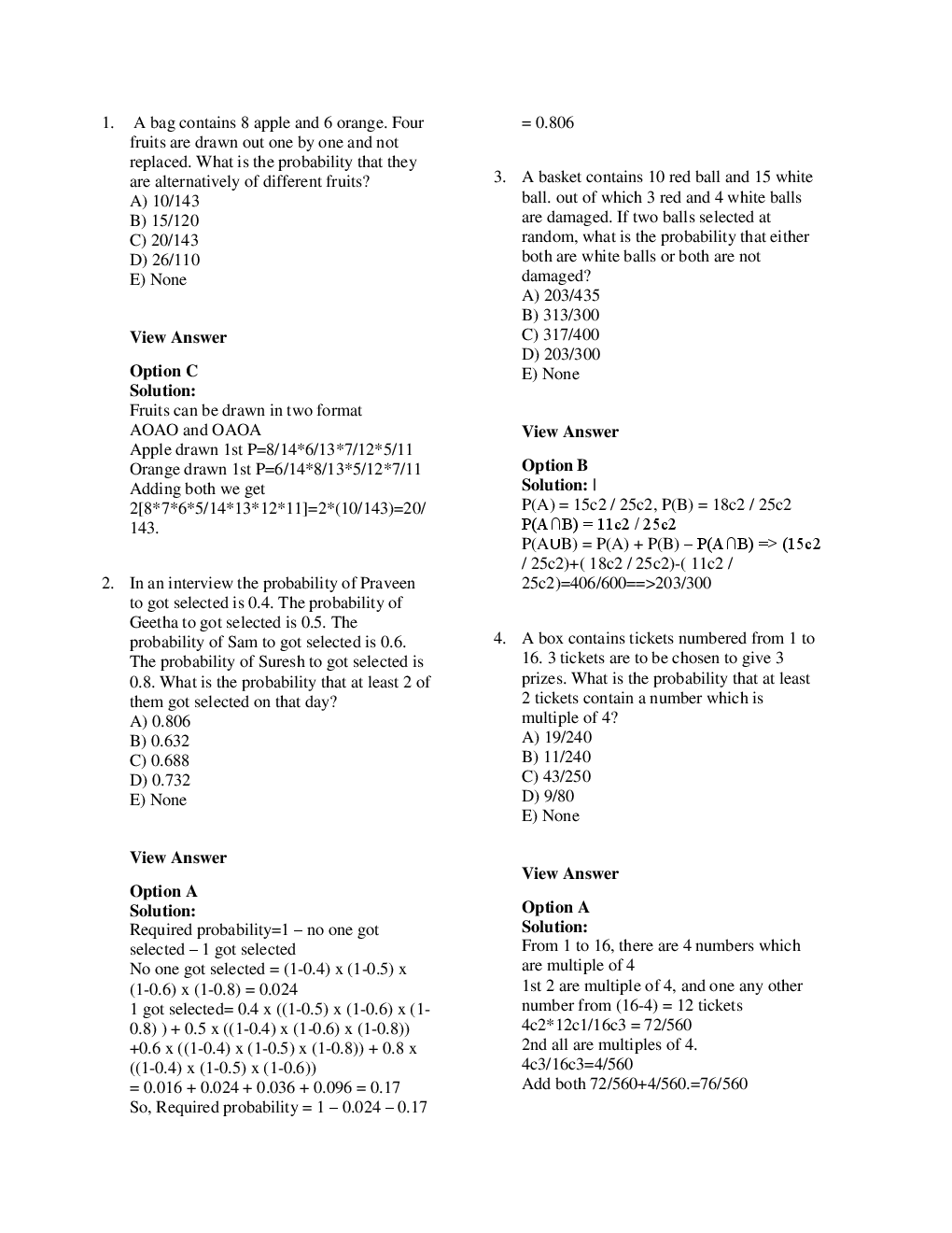 MCQs Quantitative Aptitude (Probability) With Solutions - Page 3