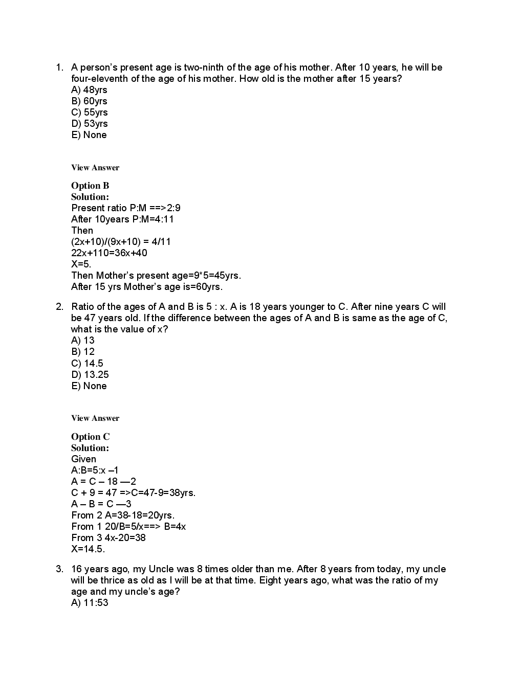 MCQs Quantitative Aptitude (Problem On Ages) With Solutions - Page 3