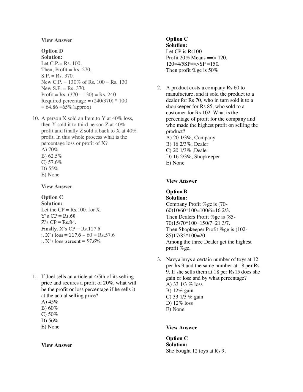 MCQs Quantitative Aptitude (Profit And Loss) With Solutions - Page 5