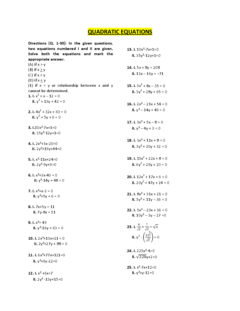 MCQs IBPS Clerk Quantitative Aptitude (Quadratic Equations) - Page 3