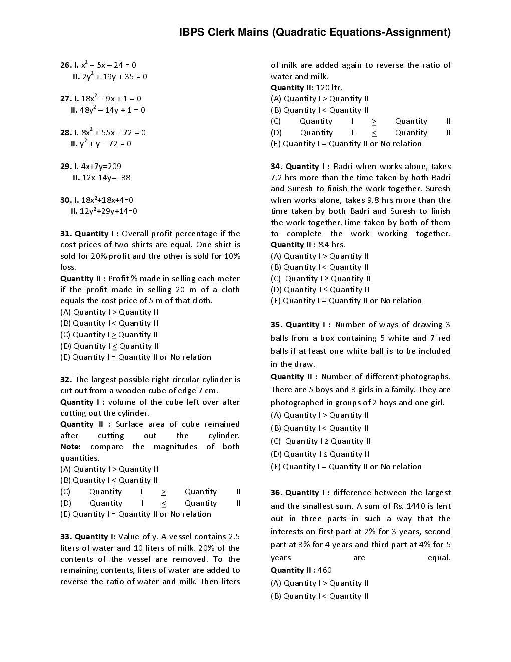 MCQs IBPS Clerk Quantitative Aptitude (Quadratic Equations) - Page 4