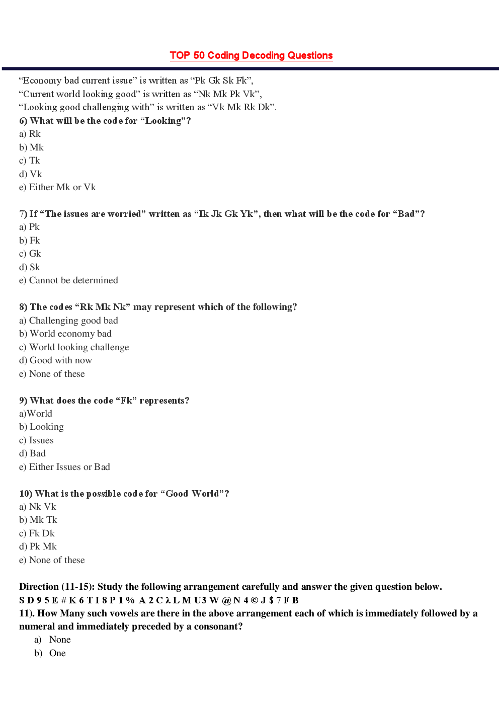 MCQs IBPS Clerk Reasoning (Coding Decoding) - Page 3